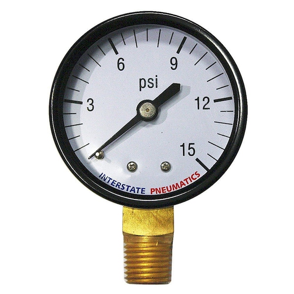 Interstate Pneumatics Pressure Gauge 15 PSI 2 Inch Diameter1/4 Inch NPT Bottom Mount G2012-015 - main